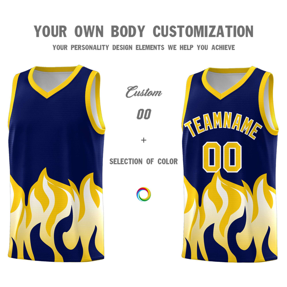Custom Navy Gold Hem Flame Pattern Fashion Sports Uniform Basketball Kits