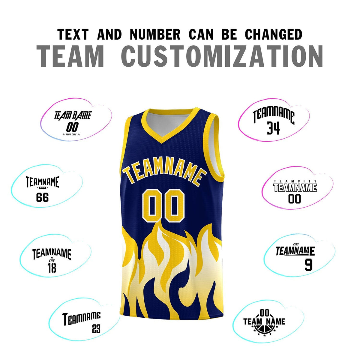 Custom Navy Gold Hem Flame Pattern Fashion Sports Uniform Basketball Kits