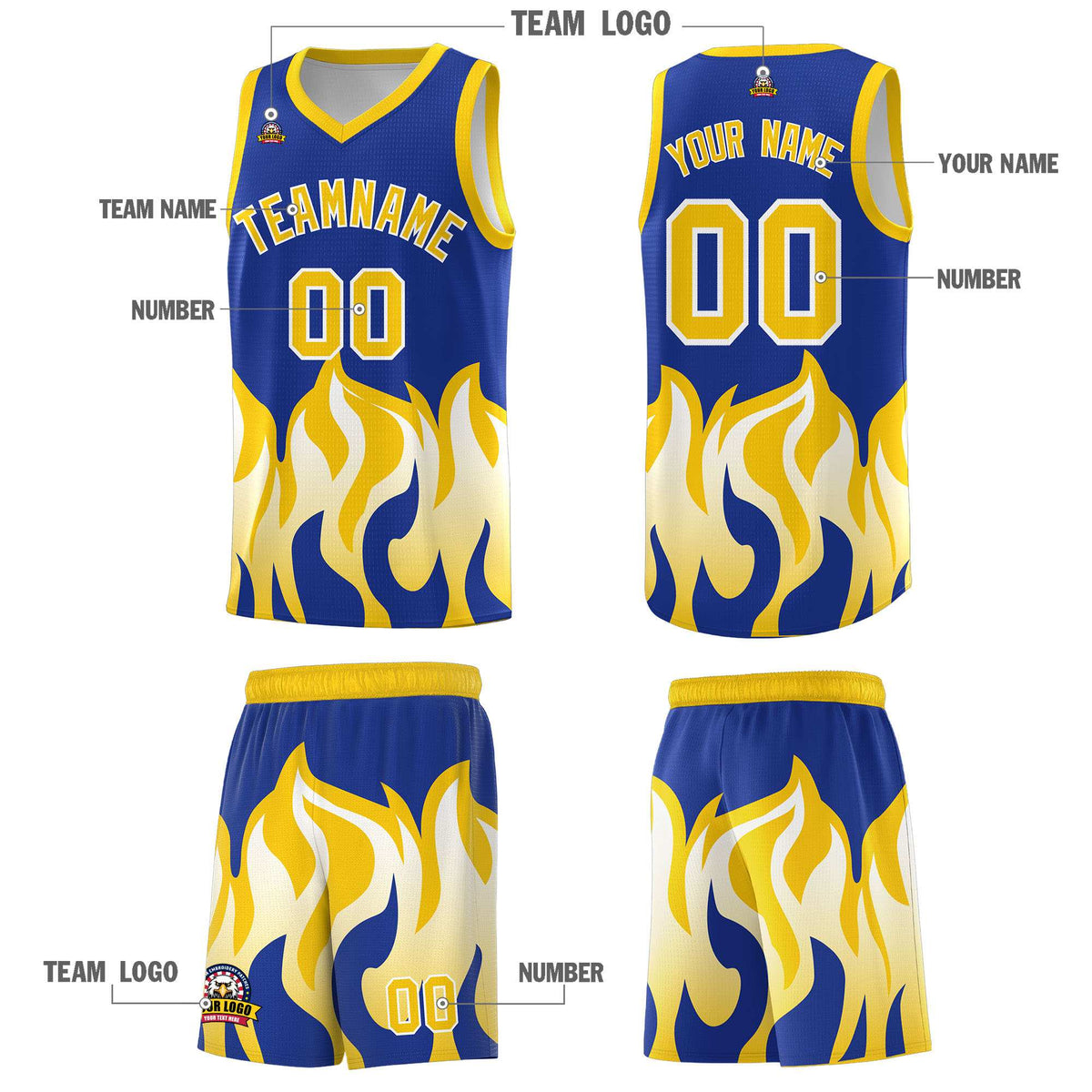 Custom Royal Gold Hem Flame Pattern Fashion Sports Uniform Basketball Kits