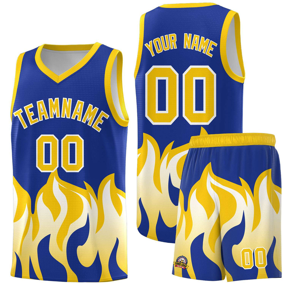 Custom Royal Gold Hem Flame Pattern Fashion Sports Uniform Basketball Kits