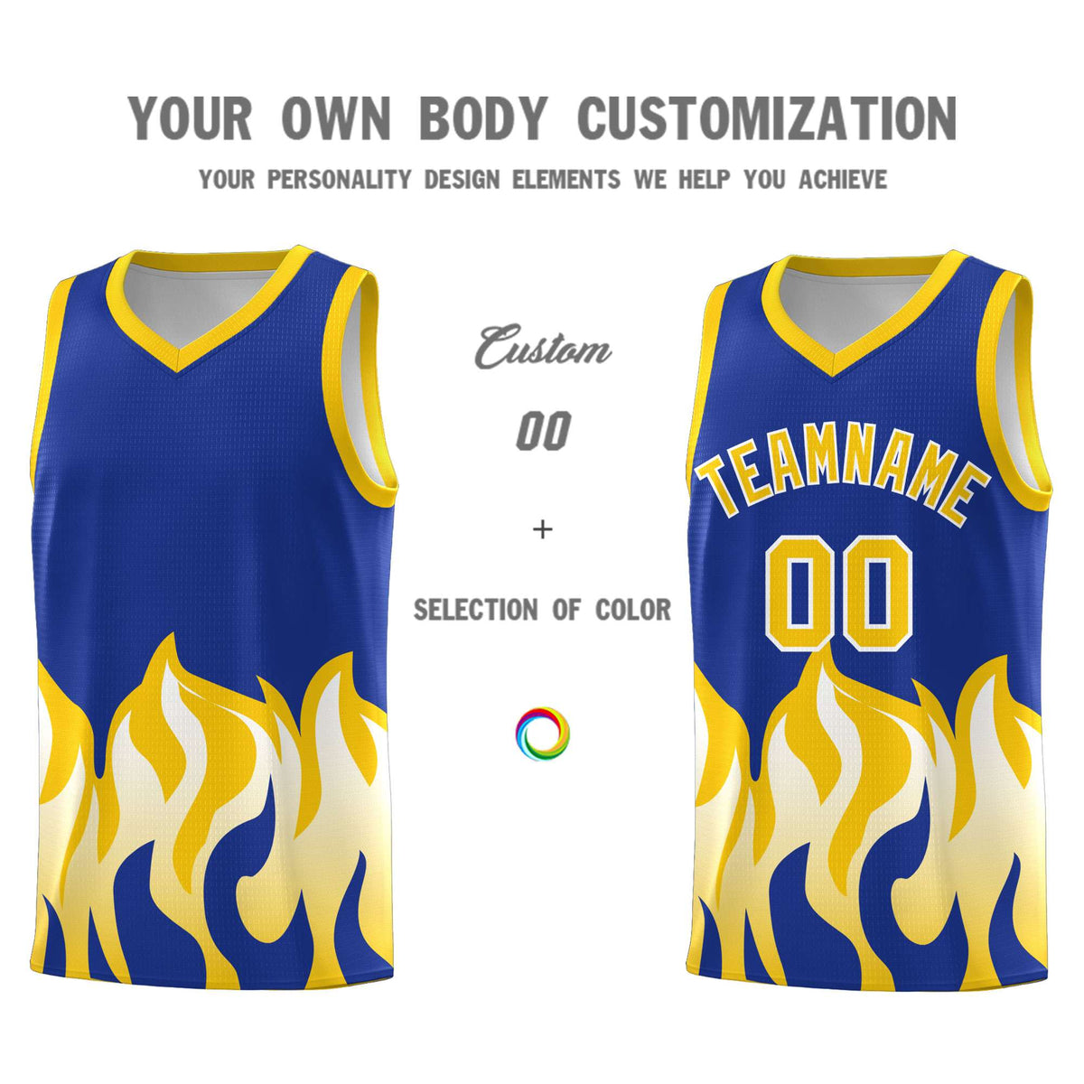Custom Royal Gold Hem Flame Pattern Fashion Sports Uniform Basketball Kits