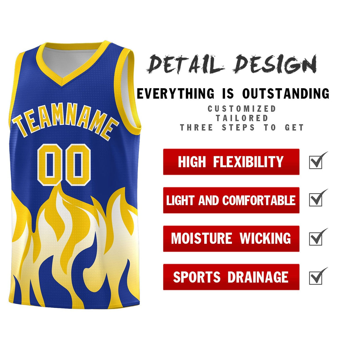 Custom Royal Gold Hem Flame Pattern Fashion Sports Uniform Basketball Kits