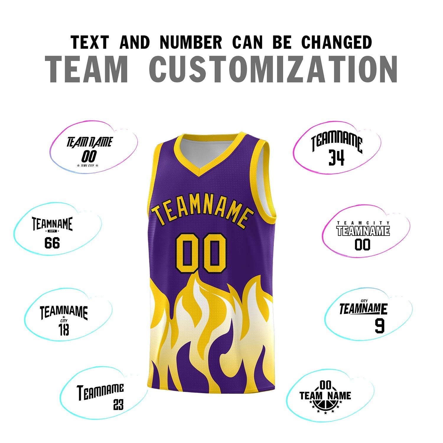 Custom Purple Gold Hem Flame Pattern Fashion Sports Uniform Basketball Kits