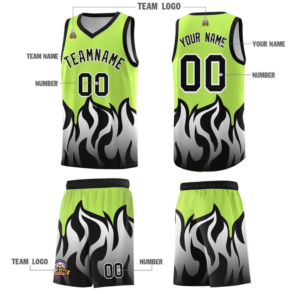 Custom Neon Green Black Hem Flame Pattern Fashion Sports Uniform Basketball Kits