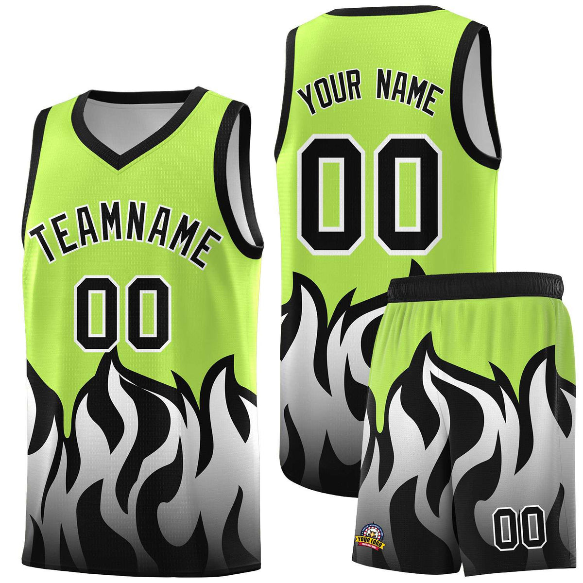 Custom Neon Green Black Hem Flame Pattern Fashion Sports Uniform Basketball Kits