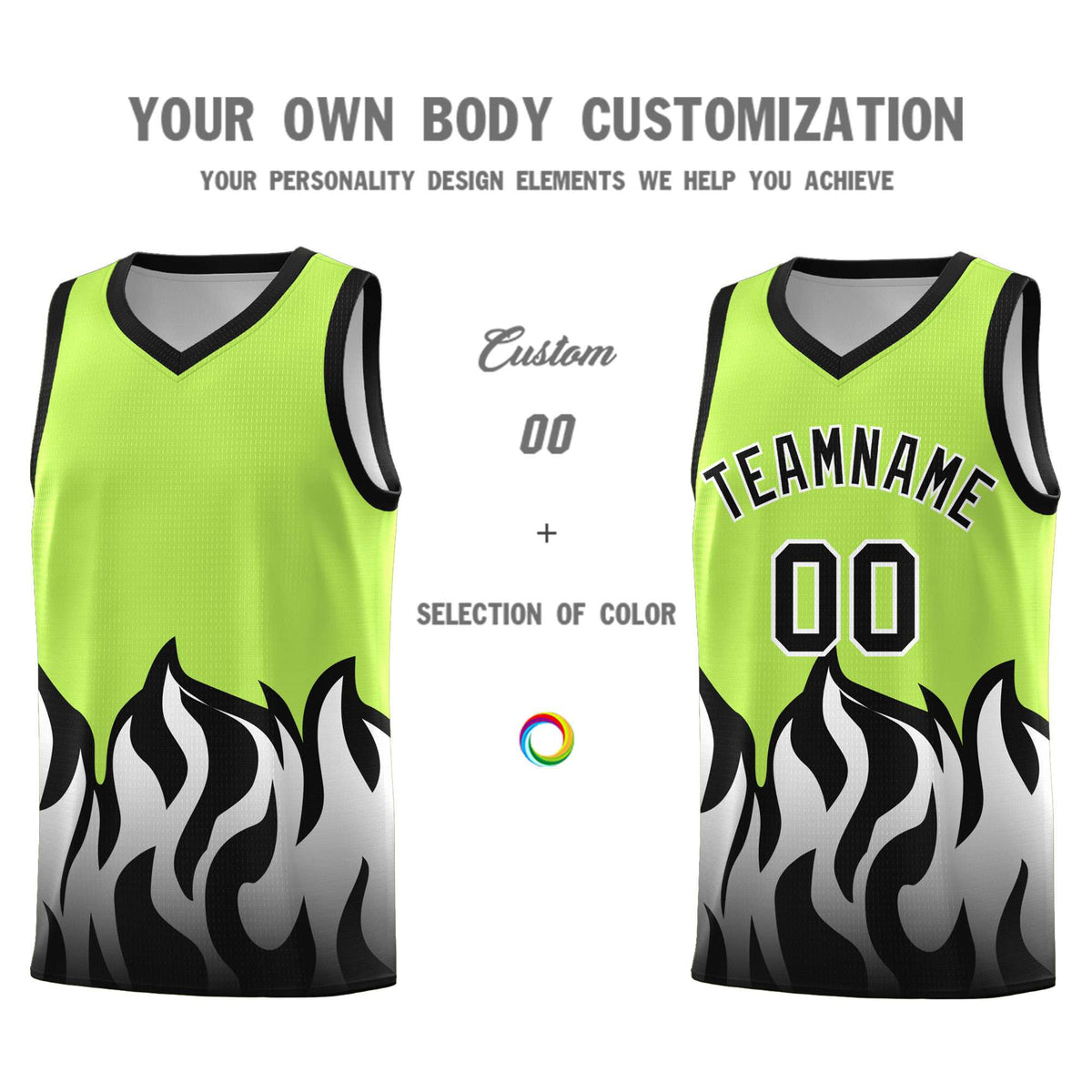 Custom Neon Green Black Hem Flame Pattern Fashion Sports Uniform Basketball Kits