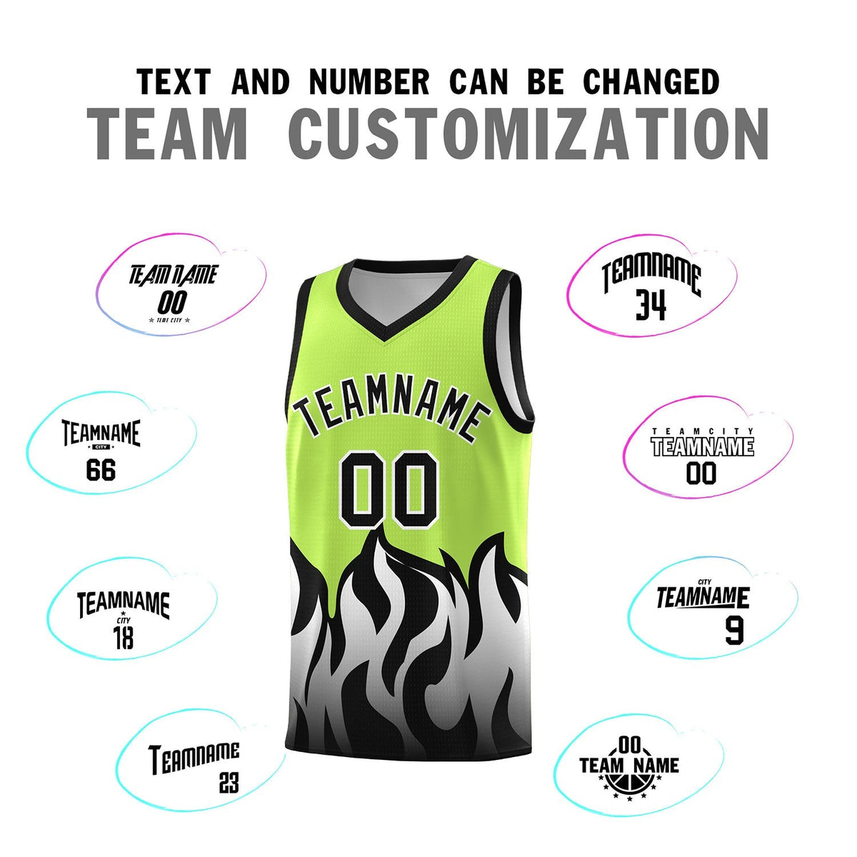 Custom Neon Green Black Hem Flame Pattern Fashion Sports Uniform Basketball Kits