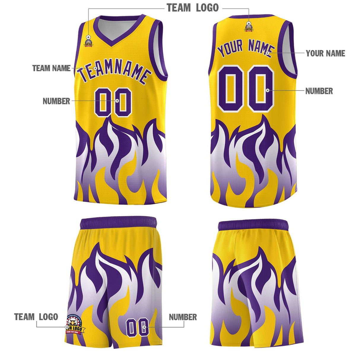 Custom Yellow Purple Hem Flame Pattern Fashion Sports Uniform Basketball Kits