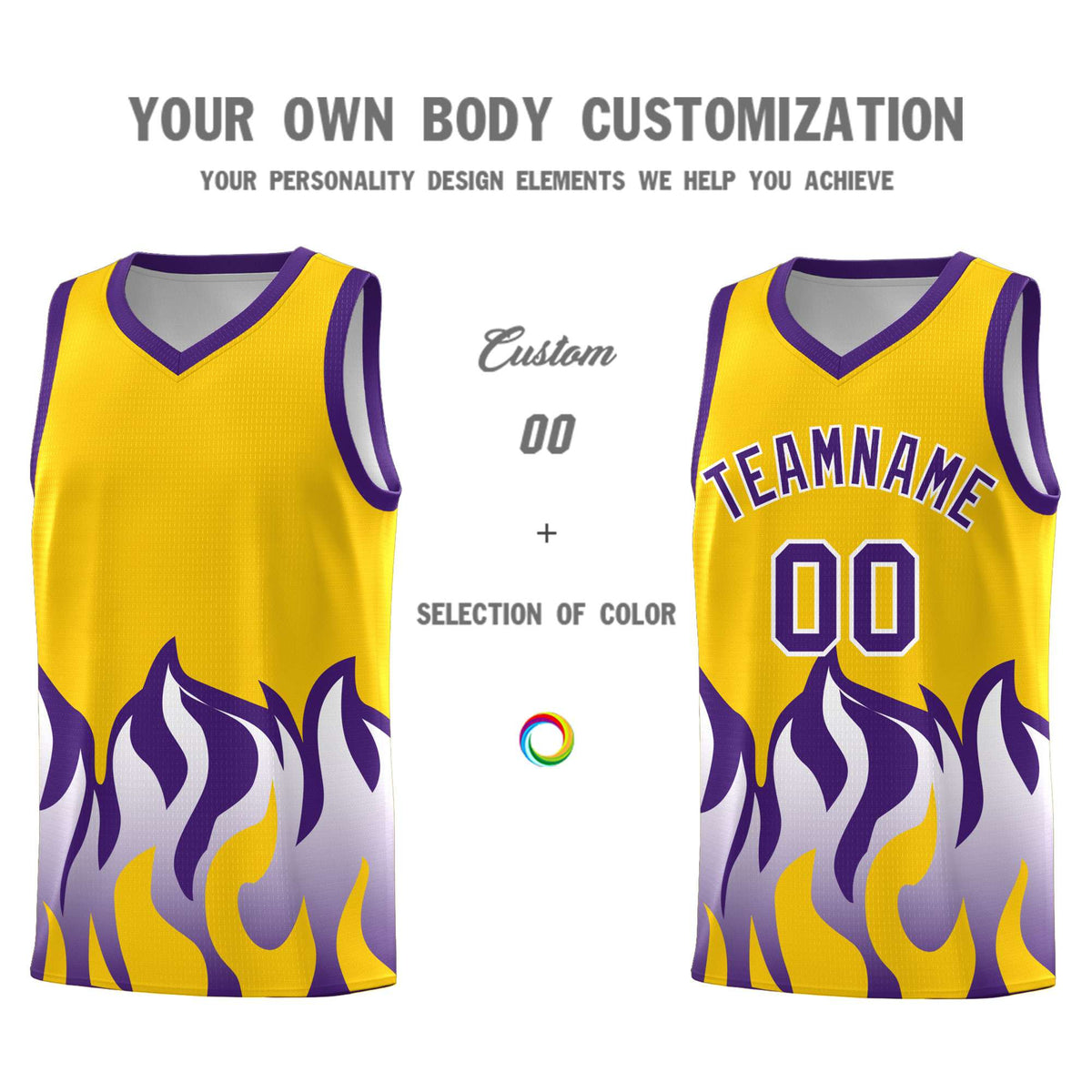 Custom Yellow Purple Hem Flame Pattern Fashion Sports Uniform Basketball Kits
