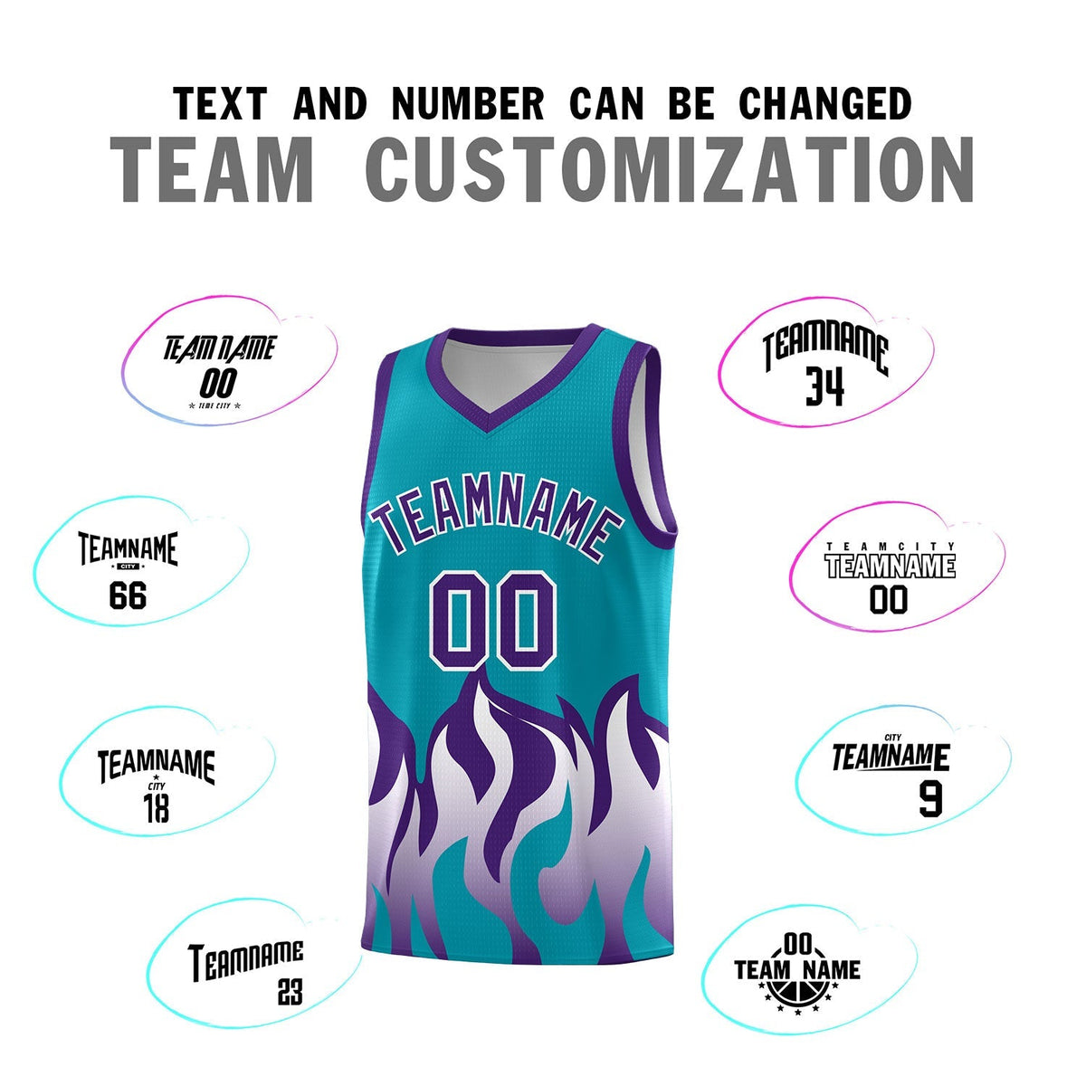 Custom Aqua Purple Hem Flame Pattern Fashion Sports Uniform Basketball Kits