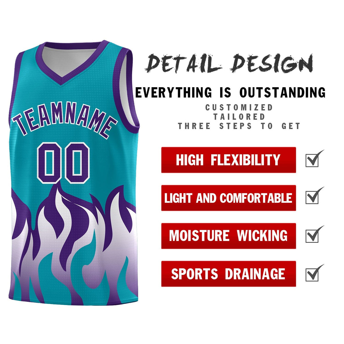Custom Aqua Purple Hem Flame Pattern Fashion Sports Uniform Basketball Kits