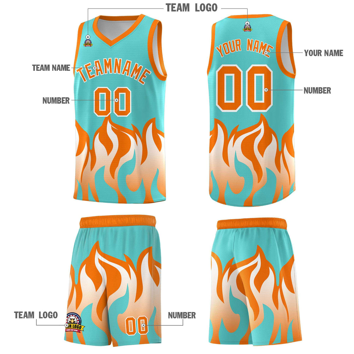 Custom Bright Green Orange Hem Flame Pattern Fashion Sports Uniform Basketball Kits