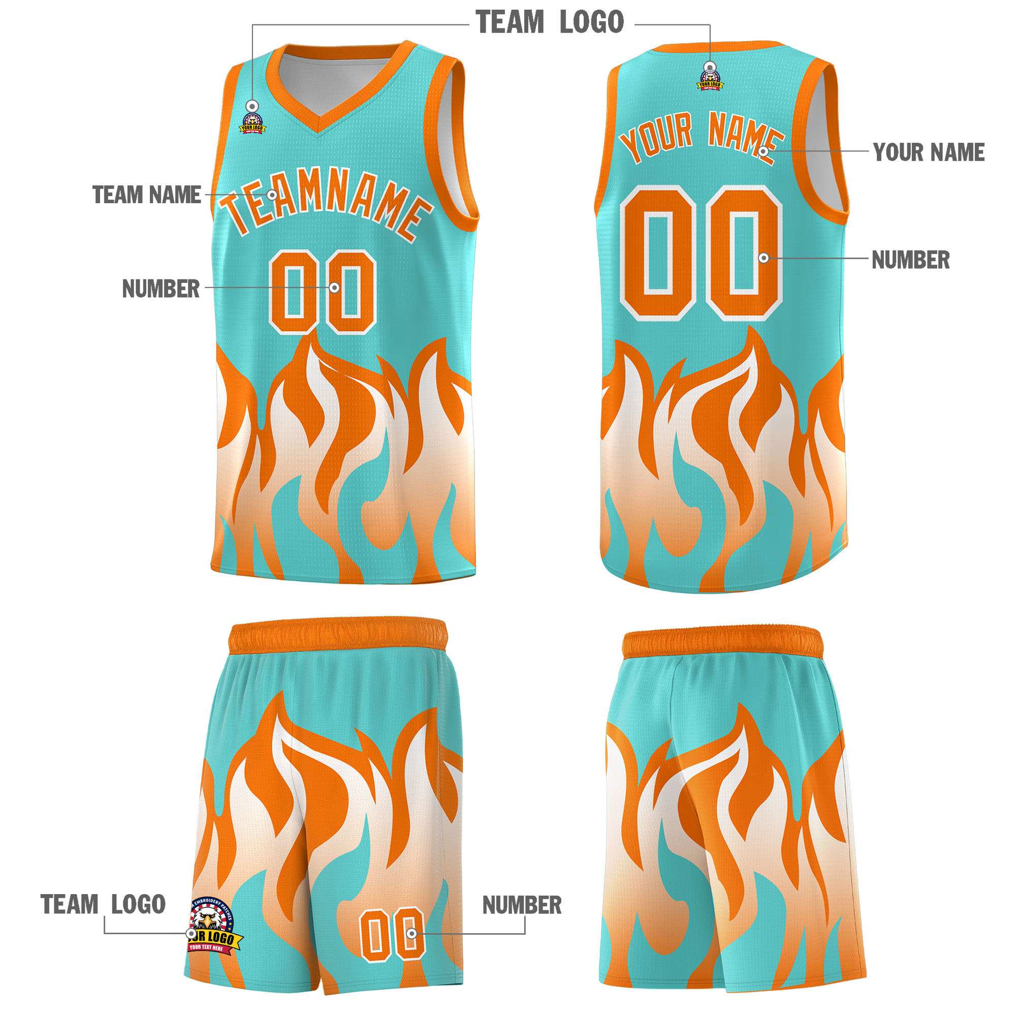 Custom Bright Green Orange Hem Flame Pattern Fashion Sports Uniform Basketball Kits