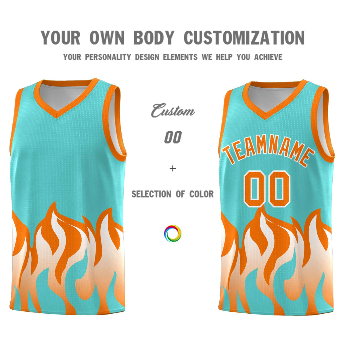 Custom Bright Green Orange Hem Flame Pattern Fashion Sports Uniform Basketball Kits