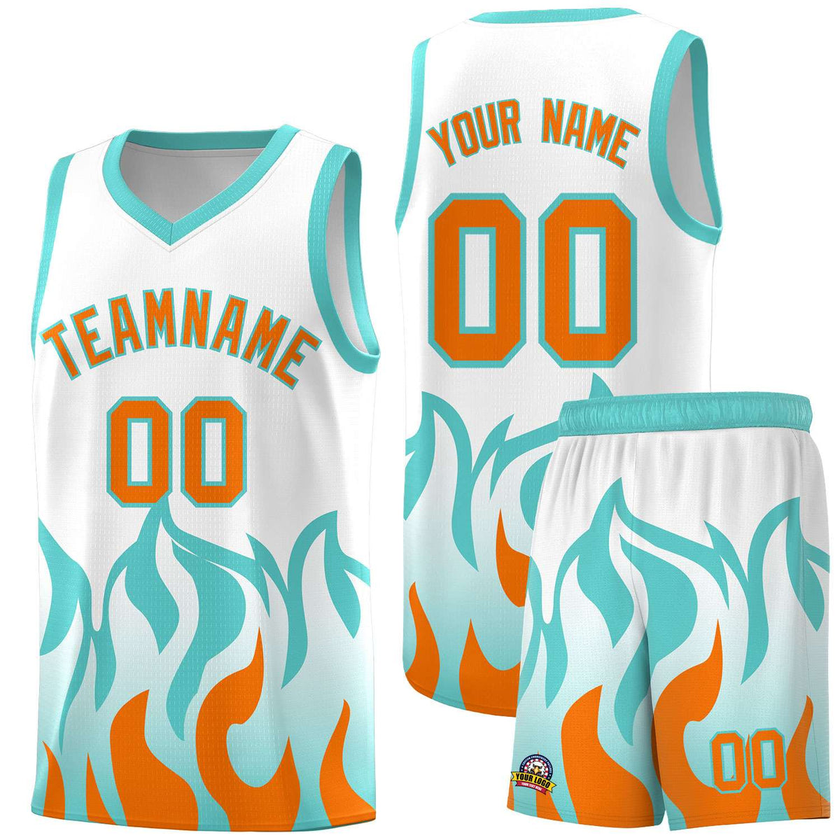 Custom White Orange Hem Flame Pattern Fashion Sports Uniform Basketball Kits