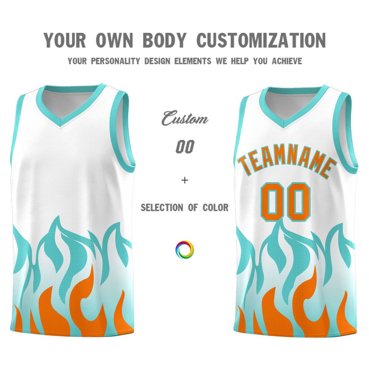 Custom White Orange Hem Flame Pattern Fashion Sports Uniform Basketball Kits