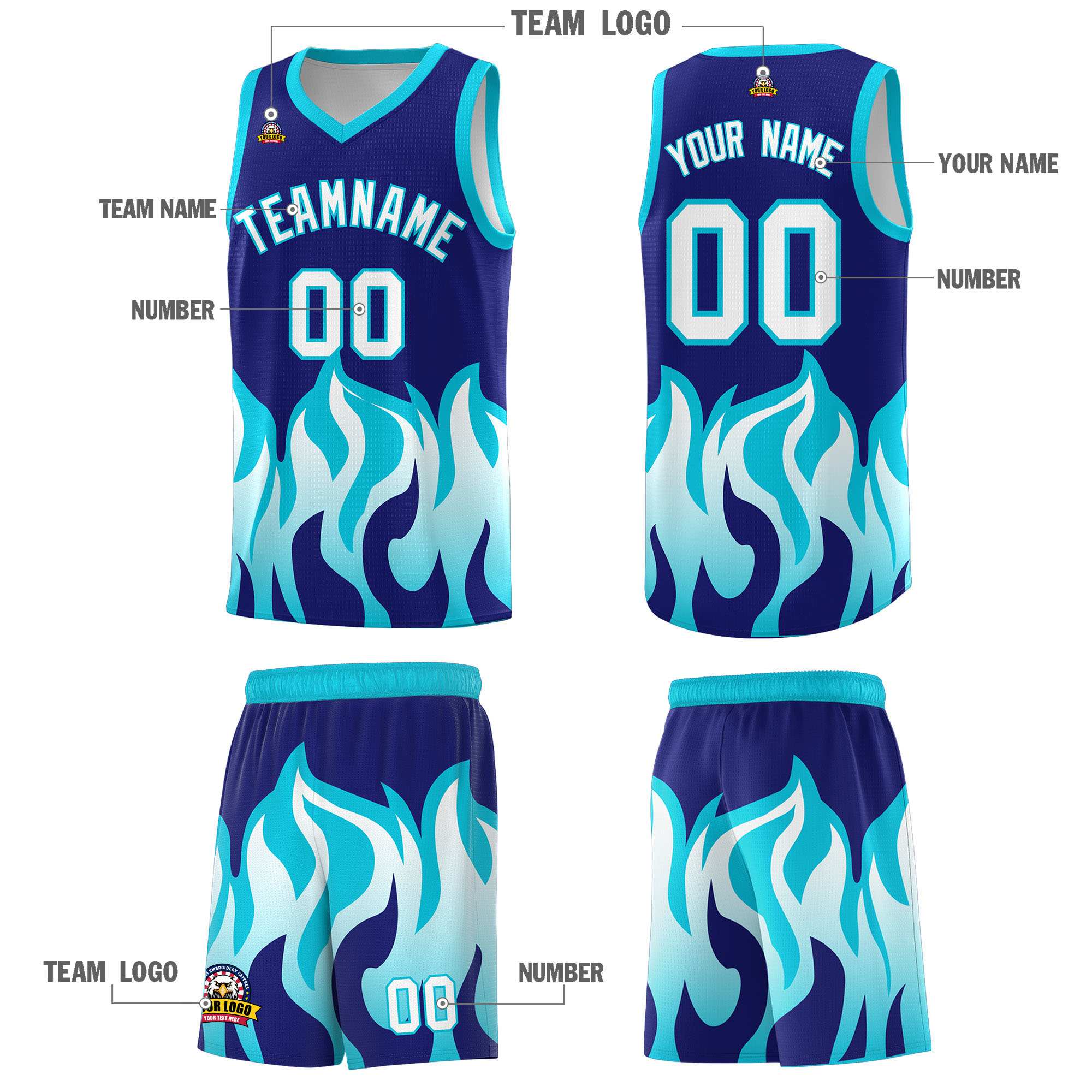 Custom Royal Sky Blue Hem Flame Pattern Fashion Sports Uniform Basketball Kits