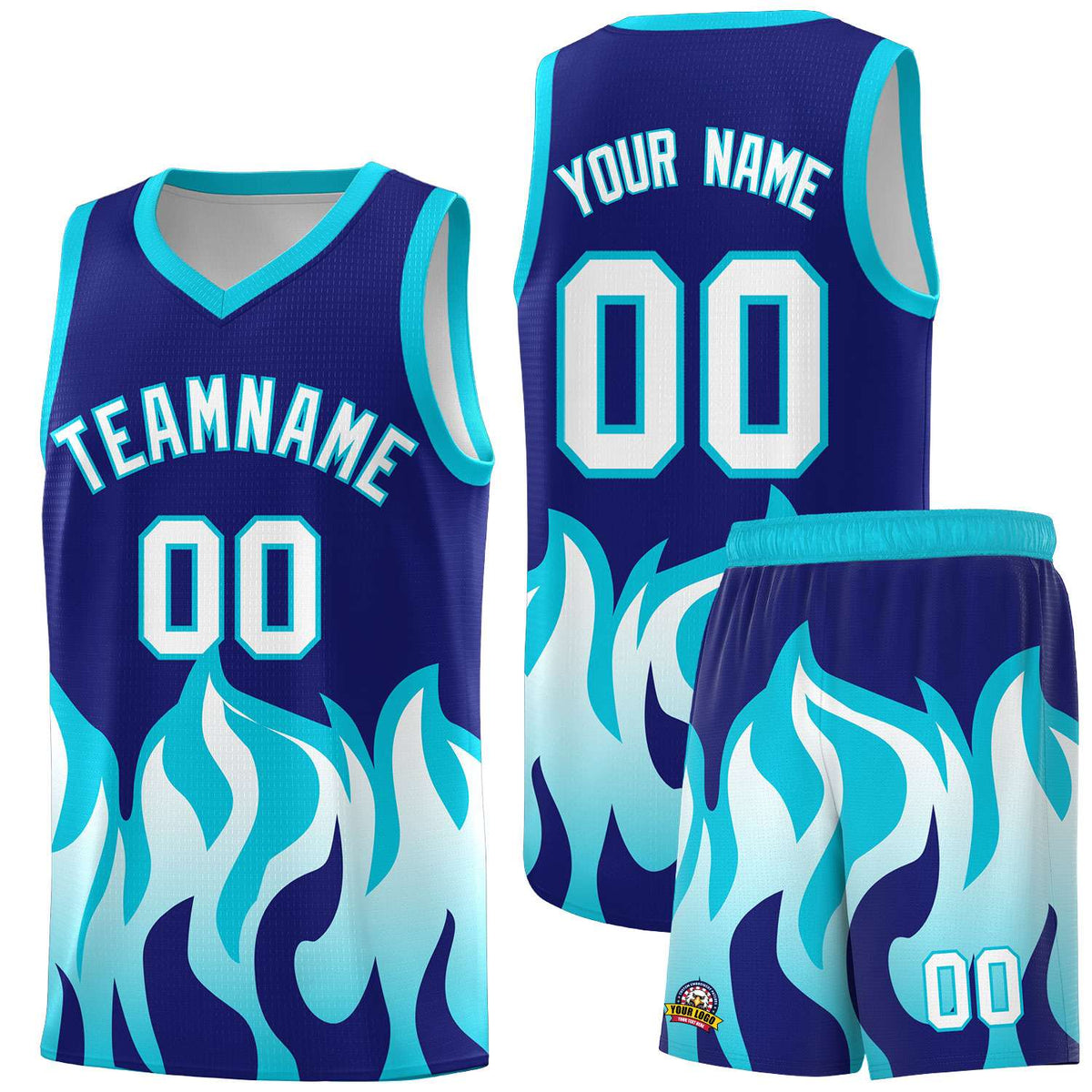 Custom Royal Sky Blue Hem Flame Pattern Fashion Sports Uniform Basketball Kits