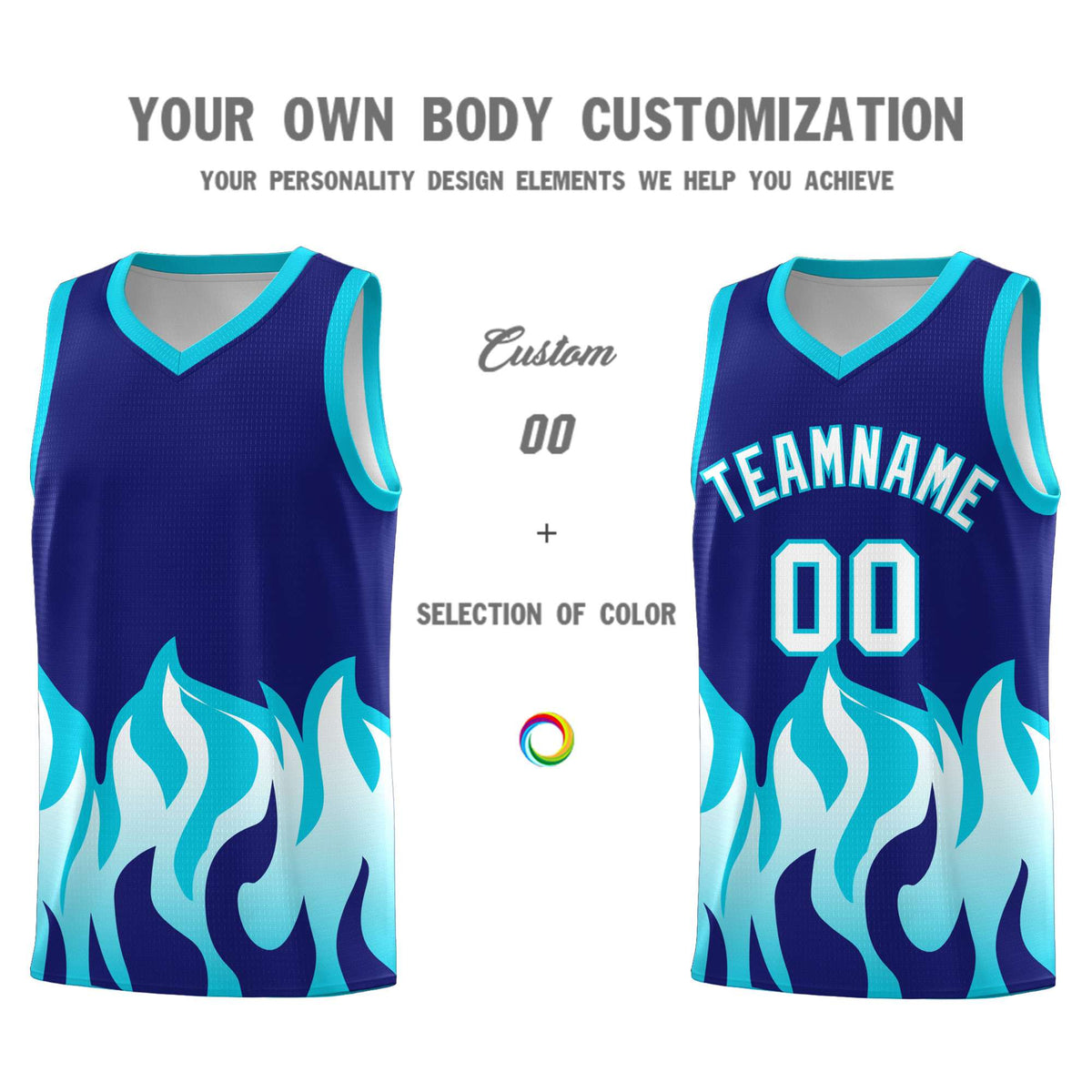 Custom Royal Sky Blue Hem Flame Pattern Fashion Sports Uniform Basketball Kits