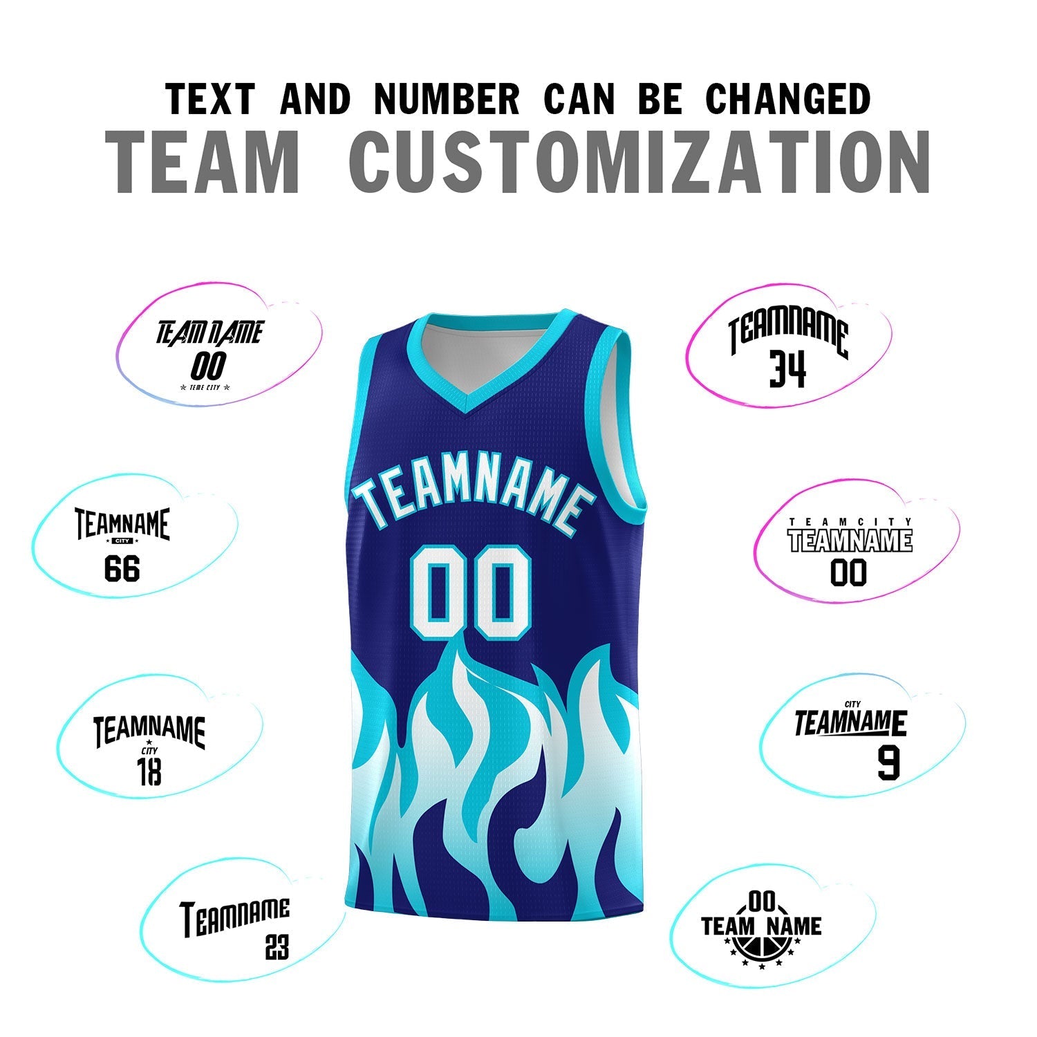 Custom Royal Sky Blue Hem Flame Pattern Fashion Sports Uniform Basketball Kits