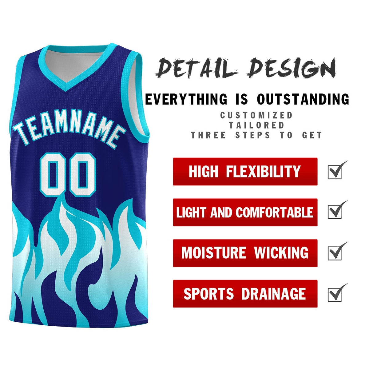 Custom Royal Sky Blue Hem Flame Pattern Fashion Sports Uniform Basketball Kits
