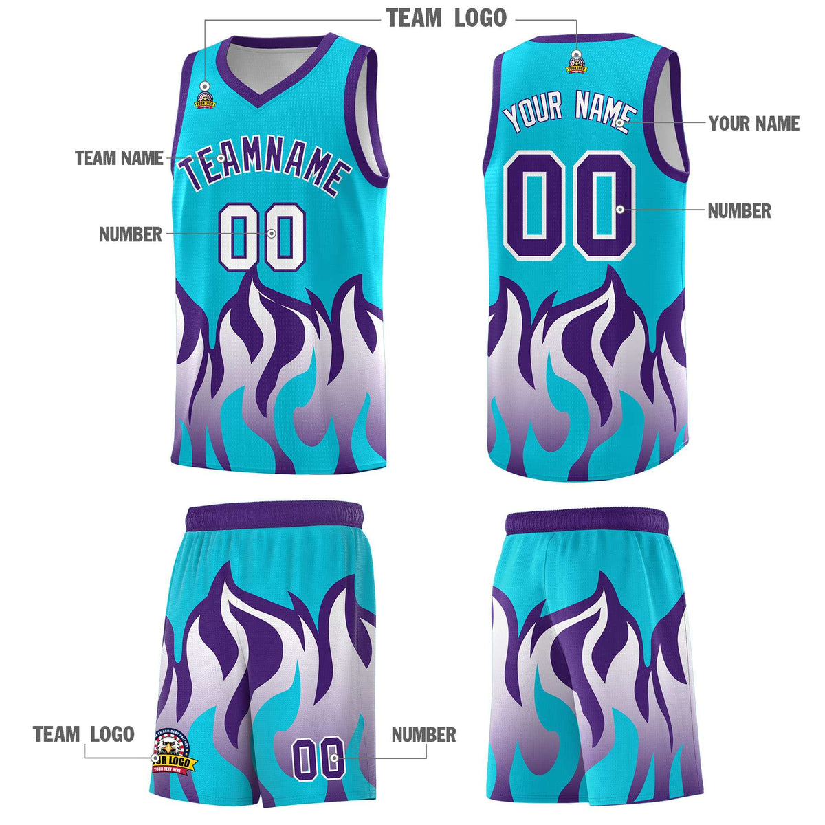 Custom Sky Blue Purple Hem Flame Pattern Fashion Sports Uniform Basketball Kits