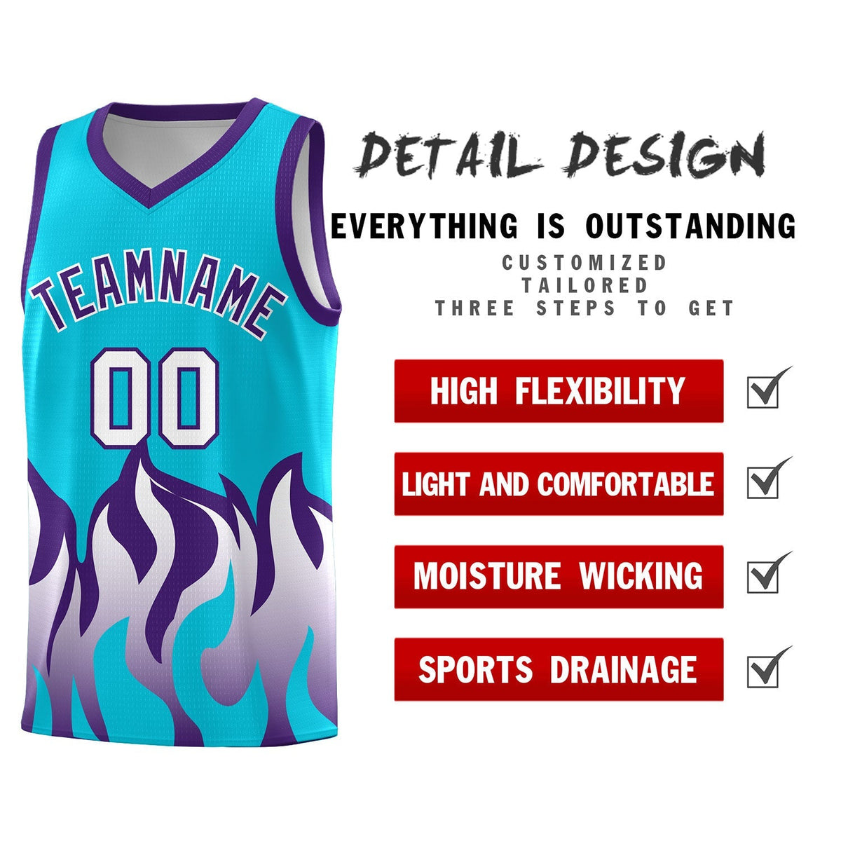Custom Sky Blue Purple Hem Flame Pattern Fashion Sports Uniform Basketball Kits