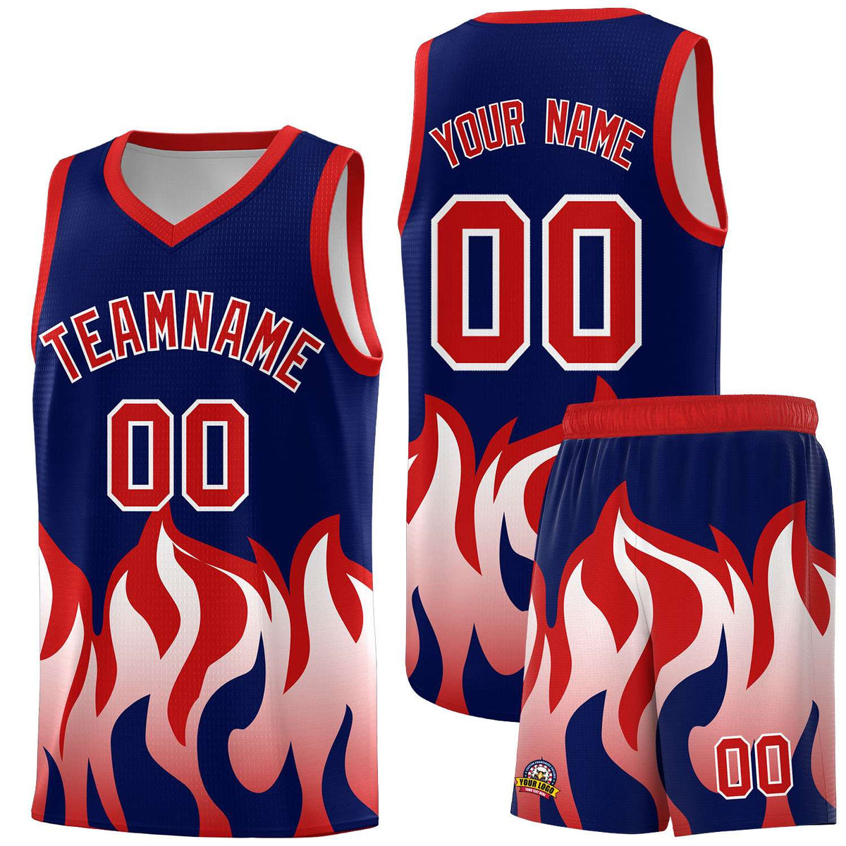 Custom Navy Red Hem Flame Pattern Fashion Sports Uniform Basketball Kits