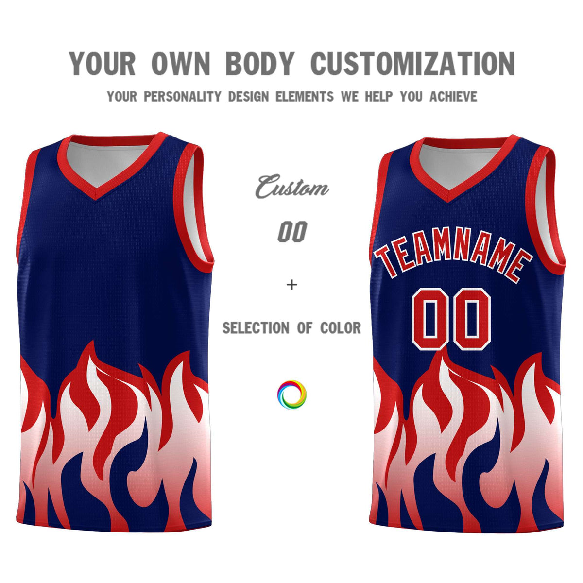 Custom Navy Red Hem Flame Pattern Fashion Sports Uniform Basketball Kits