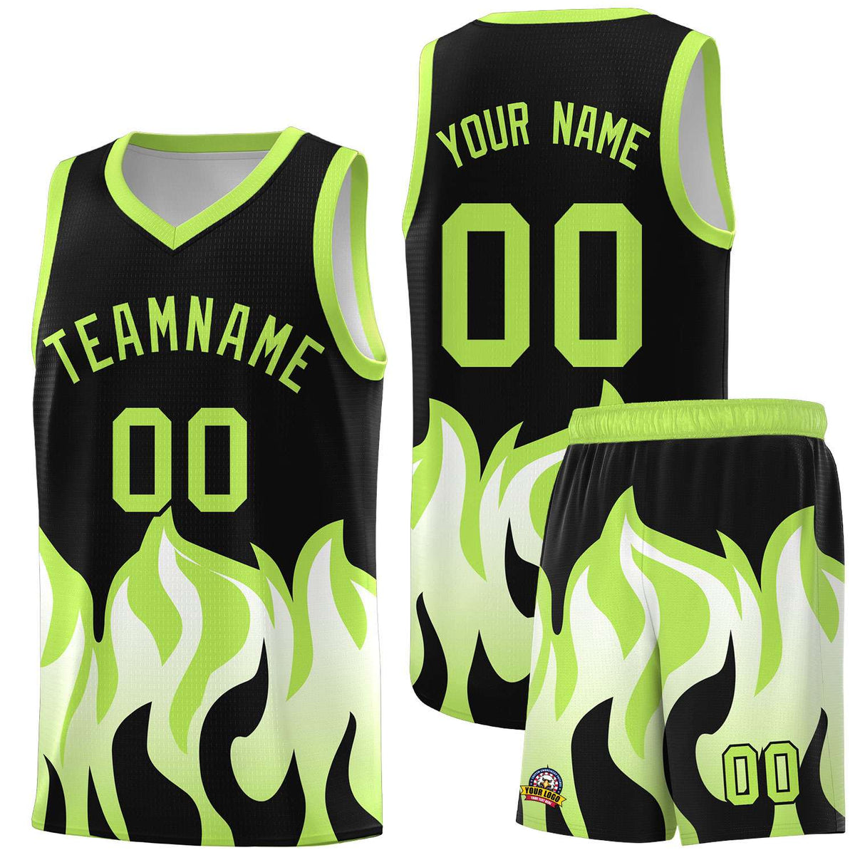 Custom Black Fluorescent Green Hem Flame Pattern Fashion Sports Uniform Basketball Kits