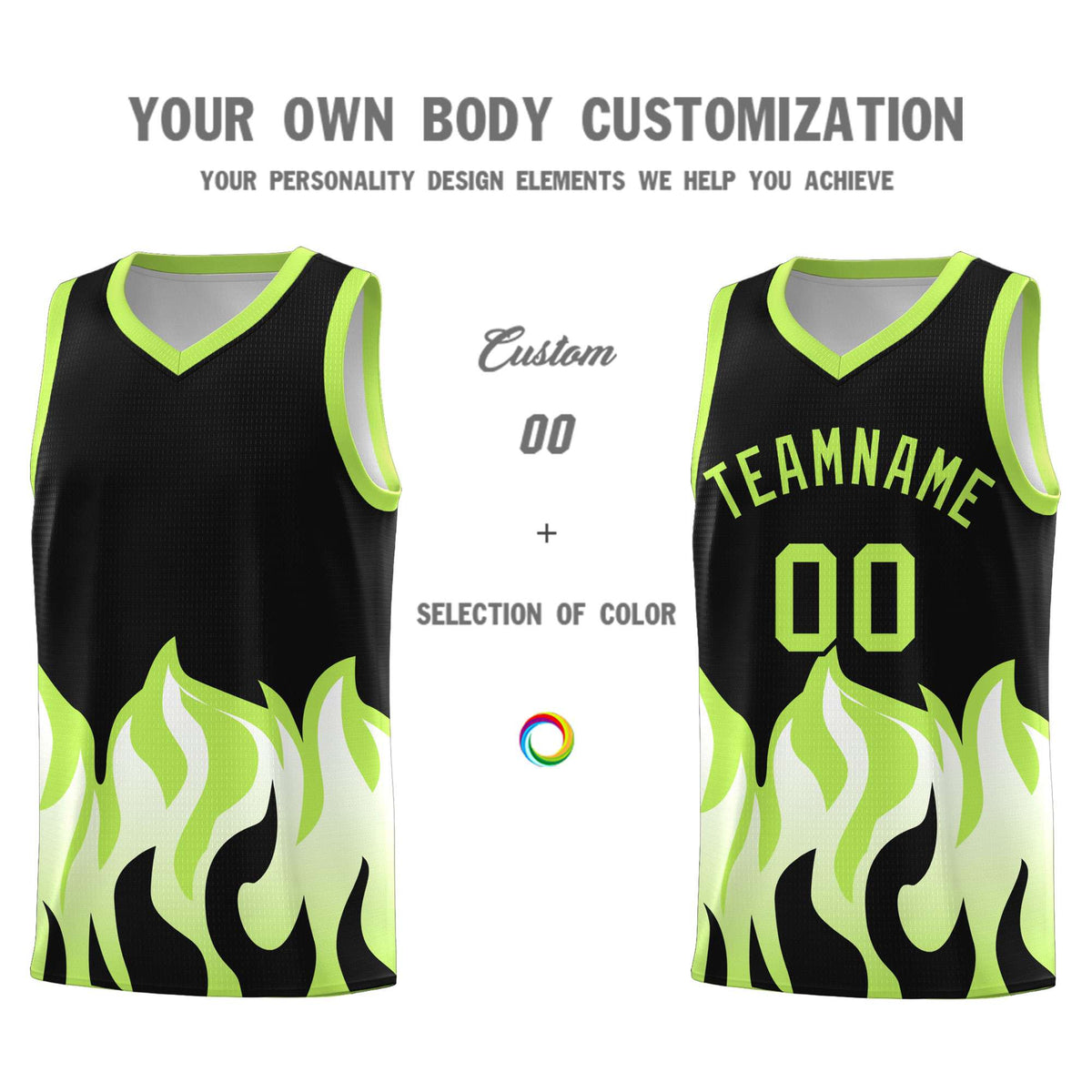 Custom Black Fluorescent Green Hem Flame Pattern Fashion Sports Uniform Basketball Kits