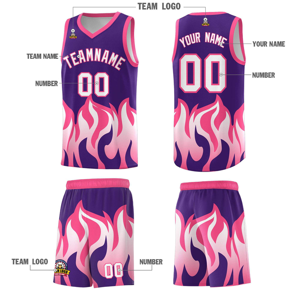 Custom Purple Pink Hem Flame Pattern Fashion Sports Uniform Basketball Kits