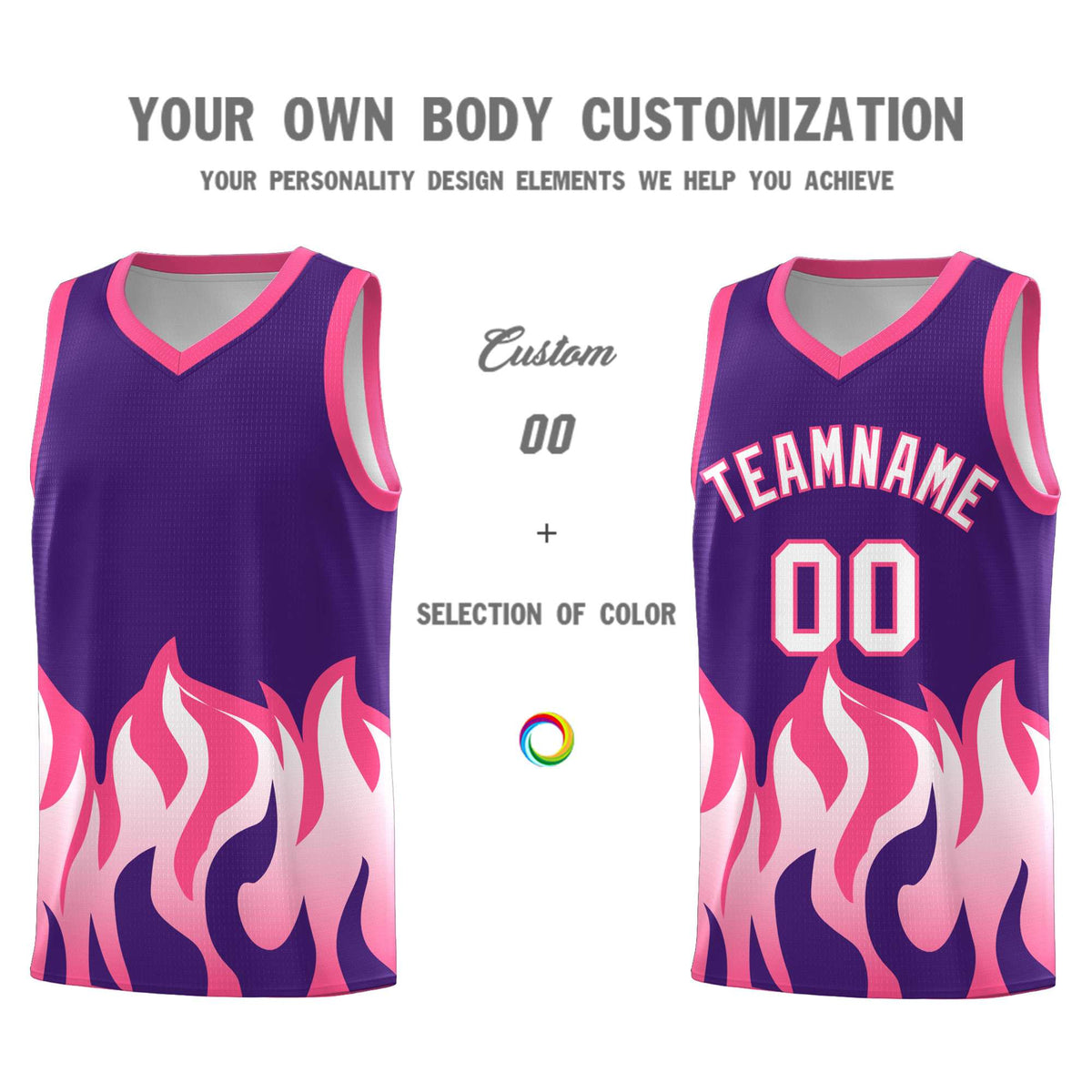 Custom Purple Pink Hem Flame Pattern Fashion Sports Uniform Basketball Kits