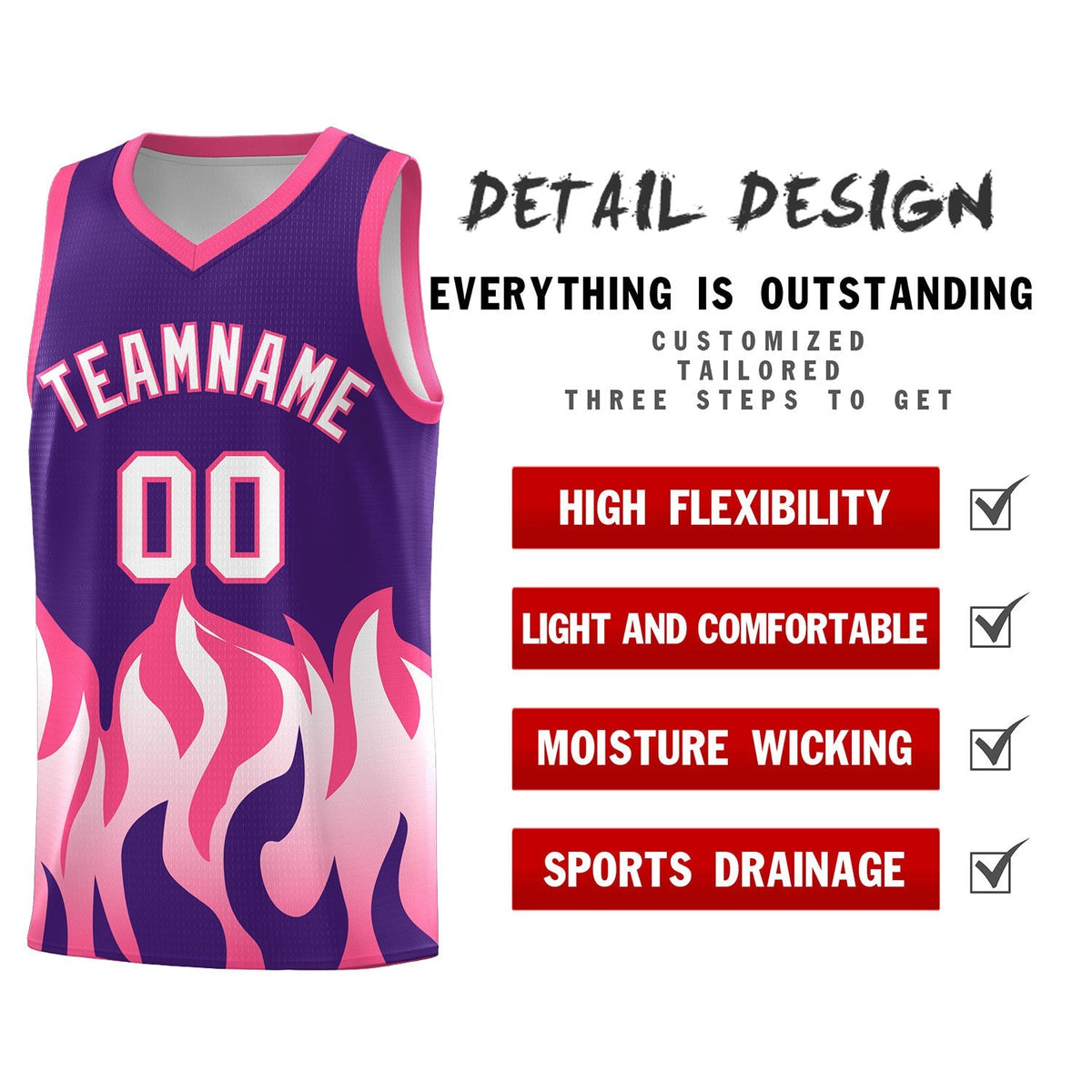 Custom Purple Pink Hem Flame Pattern Fashion Sports Uniform Basketball Kits
