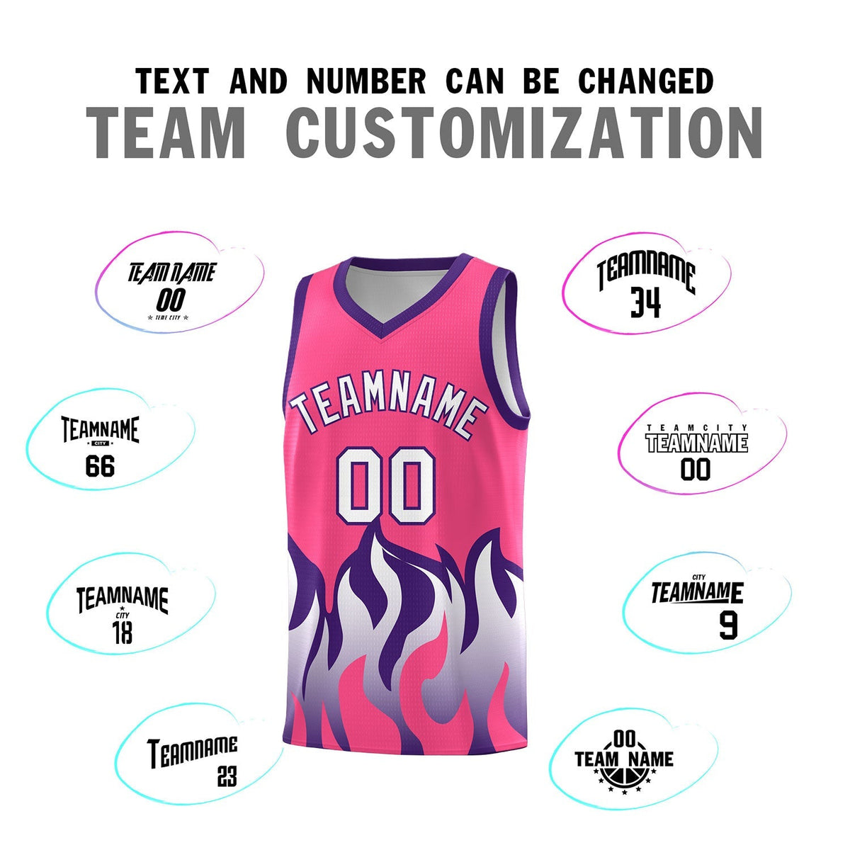 Custom Pink Purple Hem Flame Pattern Fashion Sports Uniform Basketball Kits