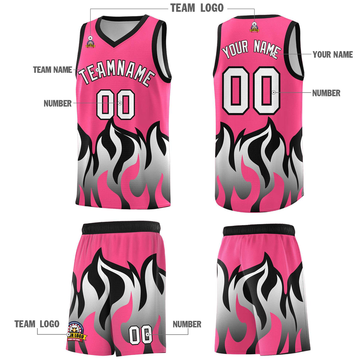 Custom Pink Black Hem Flame Pattern Fashion Sports Uniform Basketball Kits