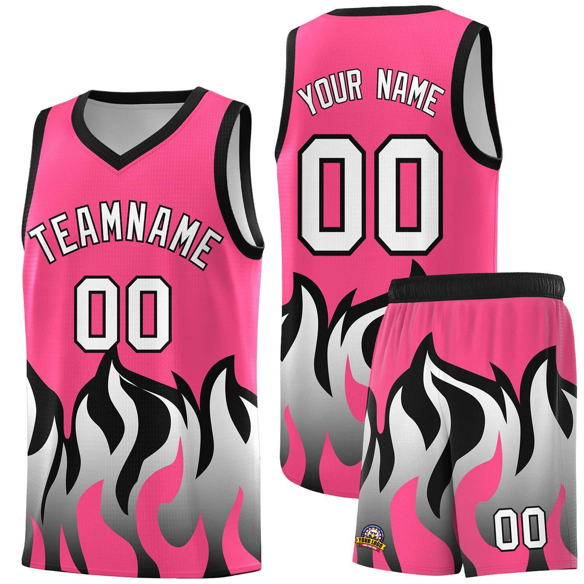 Custom Pink Black Hem Flame Pattern Fashion Sports Uniform Basketball Kits