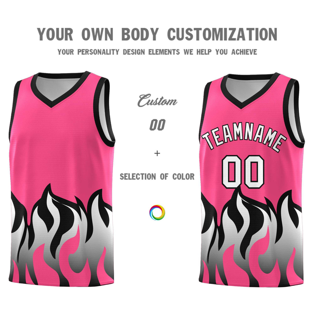 Custom Pink Black Hem Flame Pattern Fashion Sports Uniform Basketball Kits