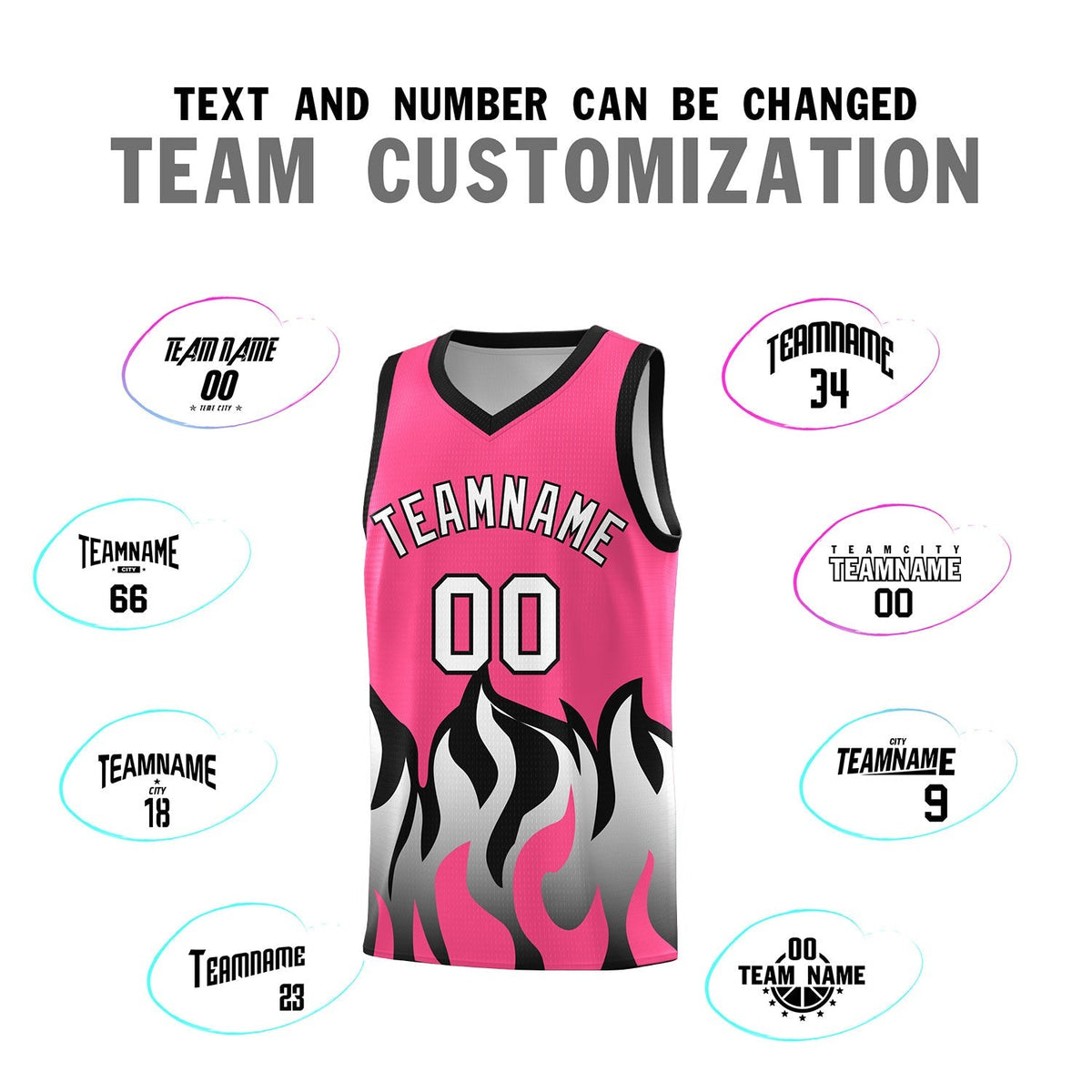 Custom Pink Black Hem Flame Pattern Fashion Sports Uniform Basketball Kits