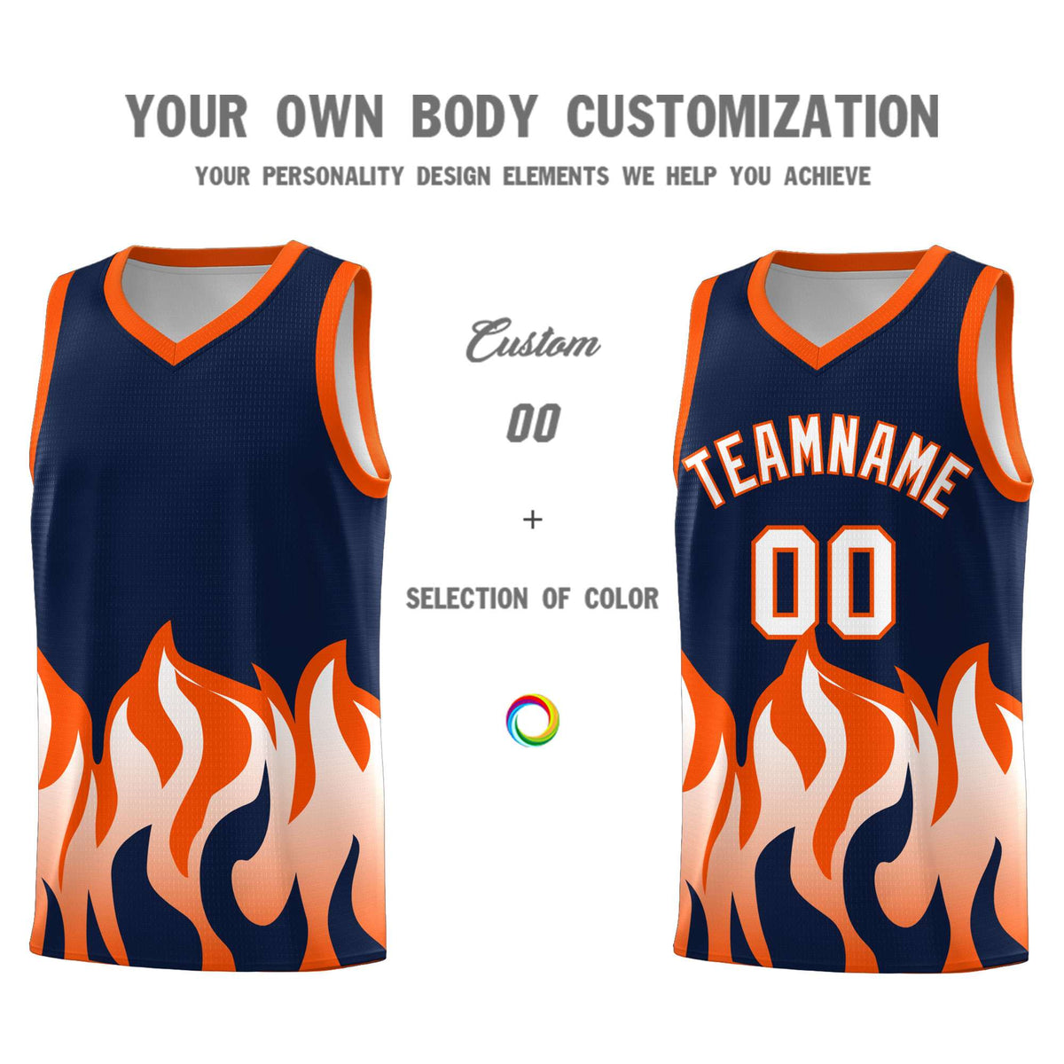 Custom Navy Orange Hem Flame Pattern Fashion Sports Uniform Basketball Kits