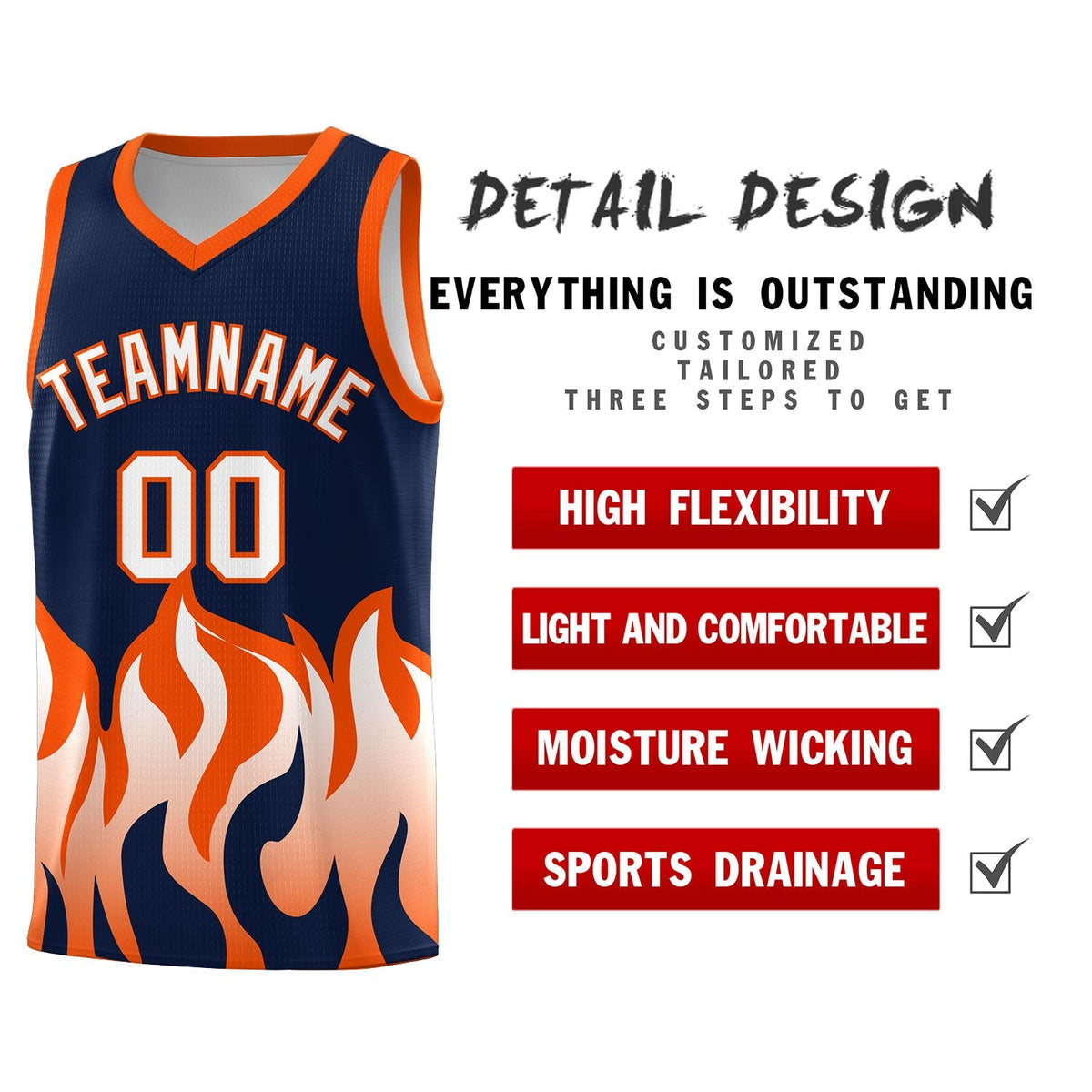 Custom Navy Orange Hem Flame Pattern Fashion Sports Uniform Basketball Kits