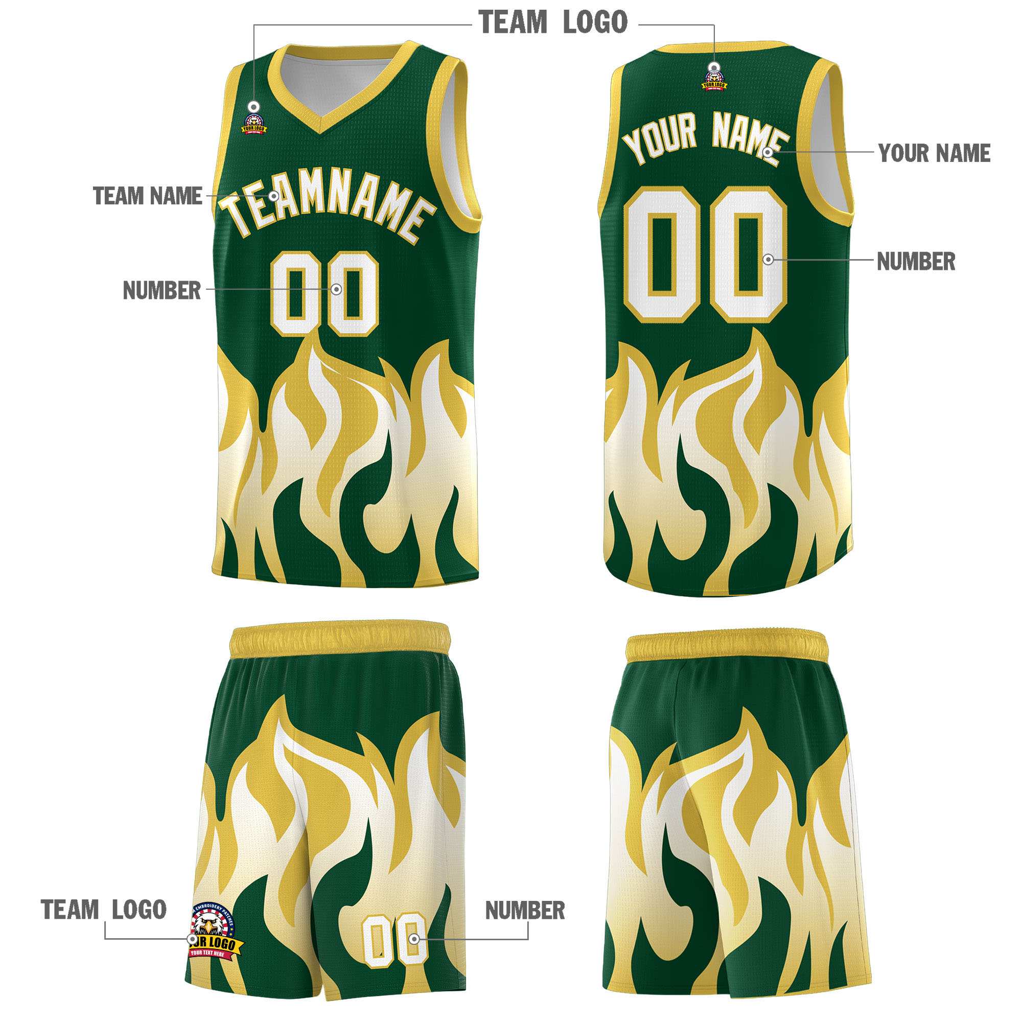 Custom Kelly Green Old Gold Hem Flame Pattern Fashion Sports Uniform Basketball Kits
