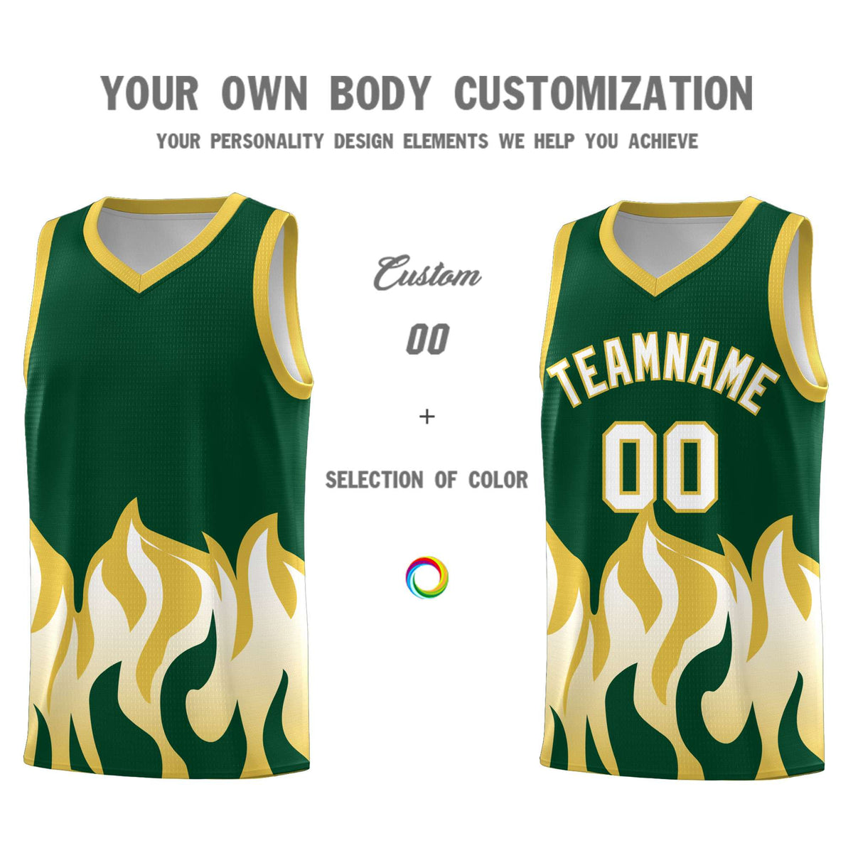 Custom Kelly Green Old Gold Hem Flame Pattern Fashion Sports Uniform Basketball Kits