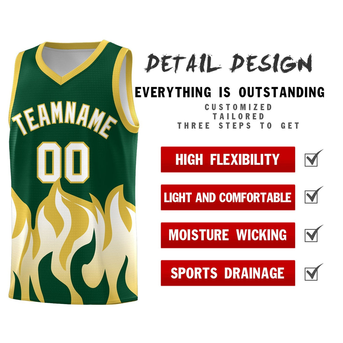 Custom Kelly Green Old Gold Hem Flame Pattern Fashion Sports Uniform Basketball Kits