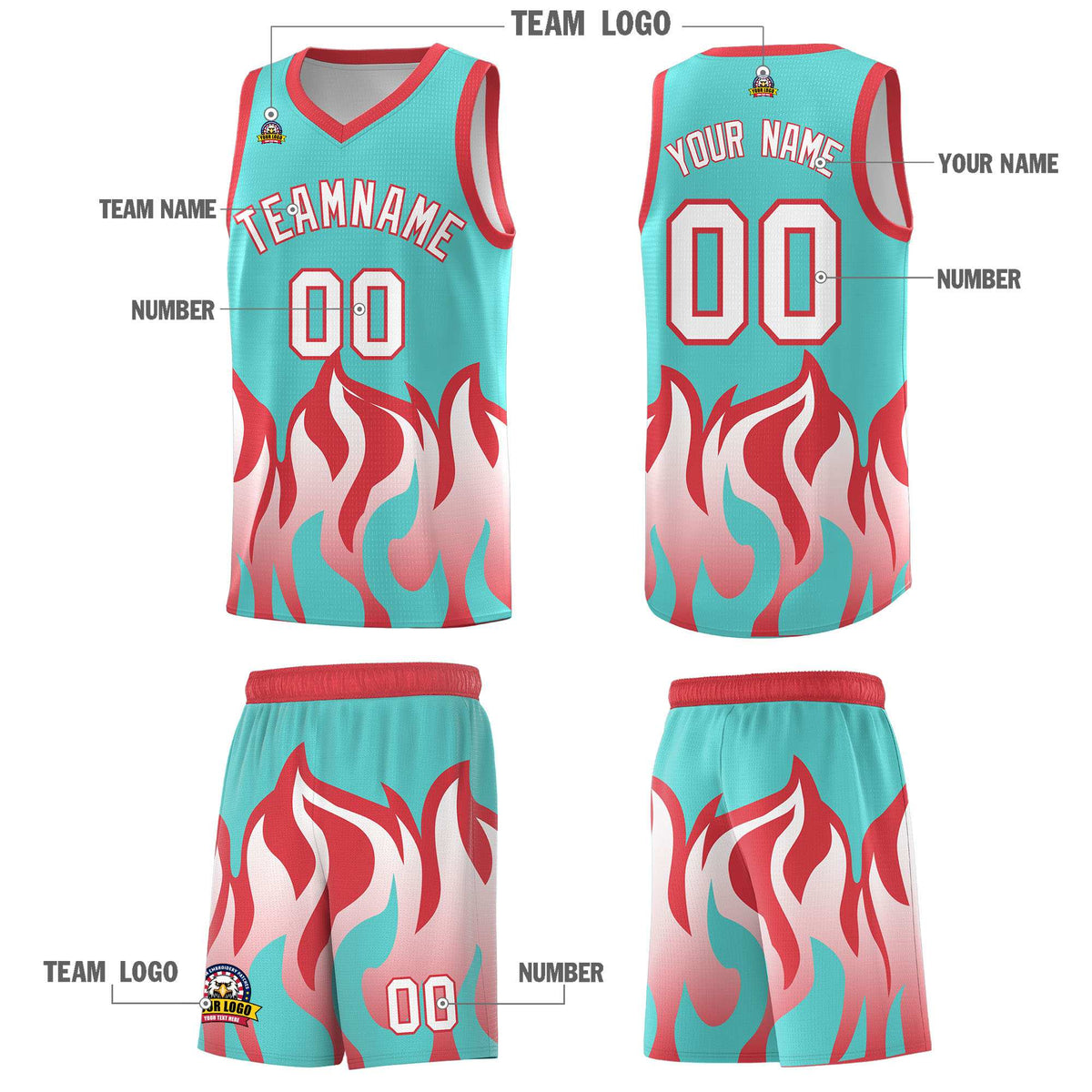 Custom Bright Green Light Red Hem Flame Pattern Fashion Sports Uniform Basketball Kits