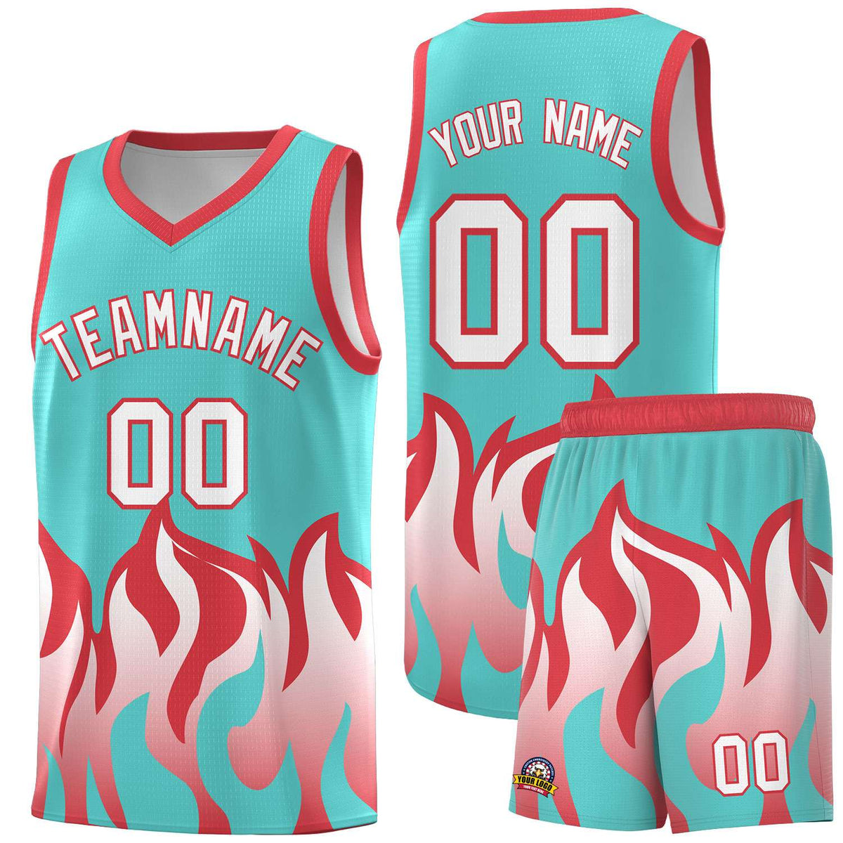Custom Bright Green Light Red Hem Flame Pattern Fashion Sports Uniform Basketball Kits