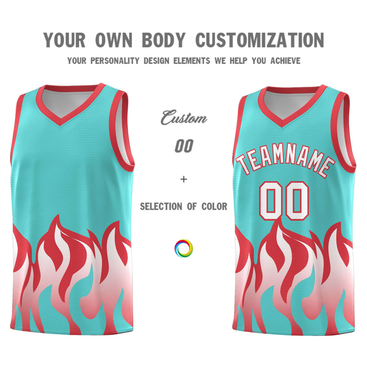 Custom Bright Green Light Red Hem Flame Pattern Fashion Sports Uniform Basketball Kits