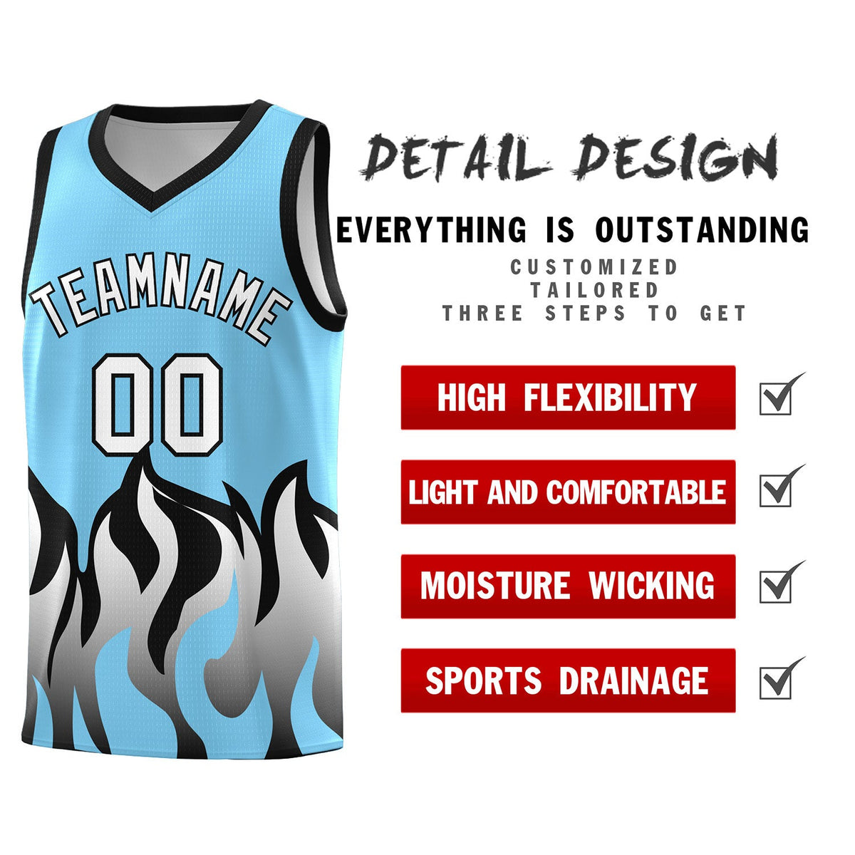 Custom Light Blue Black Hem Flame Pattern Fashion Sports Uniform Basketball Kits