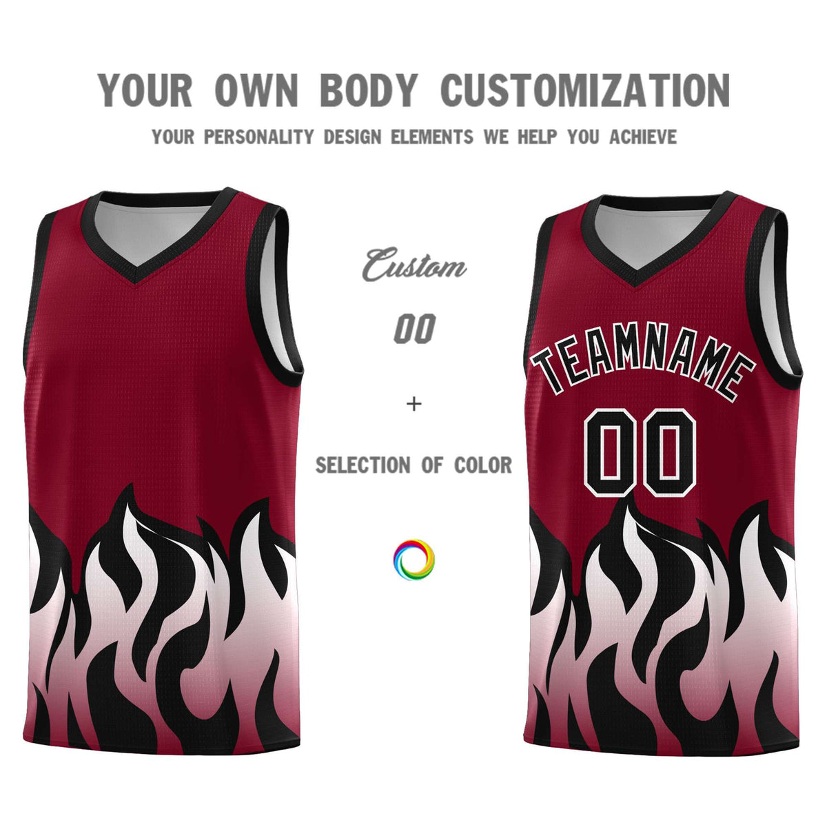 Custom Crimson Black Hem Flame Pattern Fashion Sports Uniform Basketball Kits