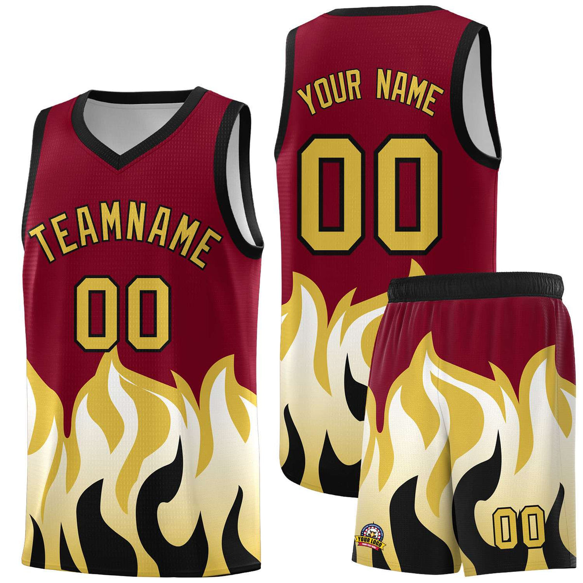 Custom Crimson Old Gold Hem Flame Pattern Fashion Sports Uniform Basketball Kits
